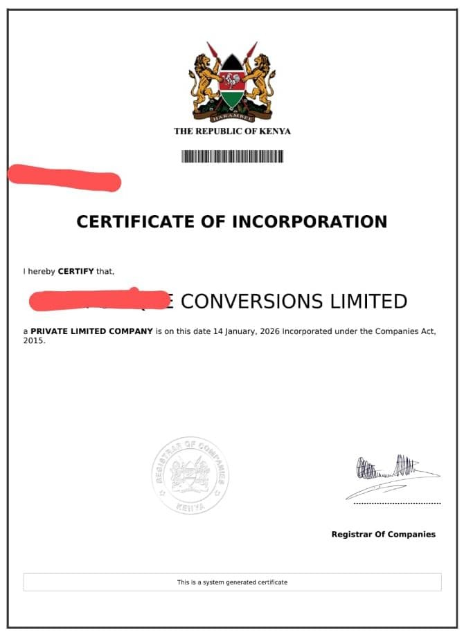 HOME TO BUSINESS/CO. REGISTRATION N' CONSULTANCY SERVICES KENYA🇰🇪

✅Limited company 
✅Business name 
✅Partnership 
✅KRA Returns Filing
✅Change of Directors
✅kRA Pins
✅CR12 
✅Foundation Reg.
✅Tax compliance Cert.
✅AGPO
✅IFMIS No.

📞0720 912 977

#MikeAndKingangi