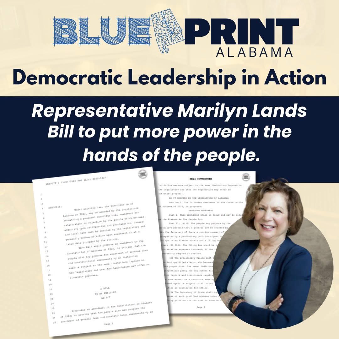 Blueprintal's tweet photo. Our Democratic lawmakers are working hard for the people. Here are some bills, sponsored by Democrats, that we are keeping our eyes on - HB14 by Rep. Lands, HB55 by Rep. Hollis, HB76 by Rep. England, HB45 by Rep. Clarke, and SB51 by Sen. Coleman.

Stay informed, folks! https://t.co/qCB6U7Em5q