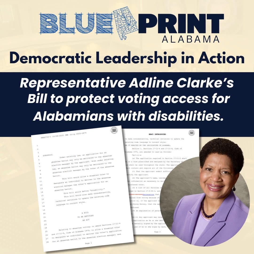 Blueprintal's tweet photo. Our Democratic lawmakers are working hard for the people. Here are some bills, sponsored by Democrats, that we are keeping our eyes on - HB14 by Rep. Lands, HB55 by Rep. Hollis, HB76 by Rep. England, HB45 by Rep. Clarke, and SB51 by Sen. Coleman.

Stay informed, folks! https://t.co/qCB6U7Em5q