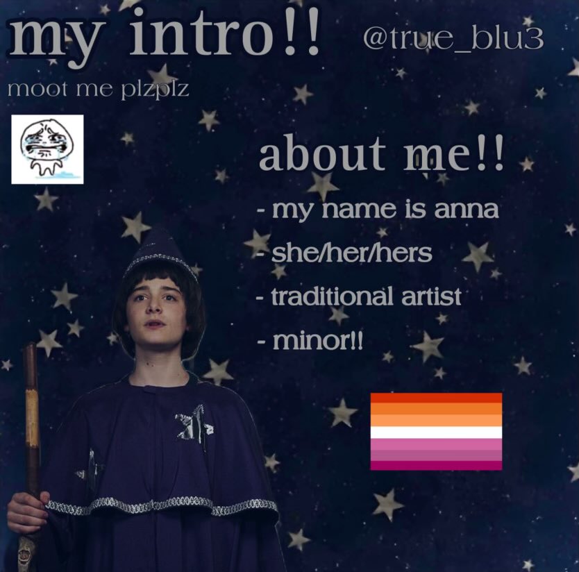 true_blu3's tweet photo. my intro slides⭐️ #promotwt #strangerthings #intrests #artistsontwitter #thebeatles #aboutme #feed #mootme #byler #willbyers #bmf https://t.co/LvtoDMMLJN