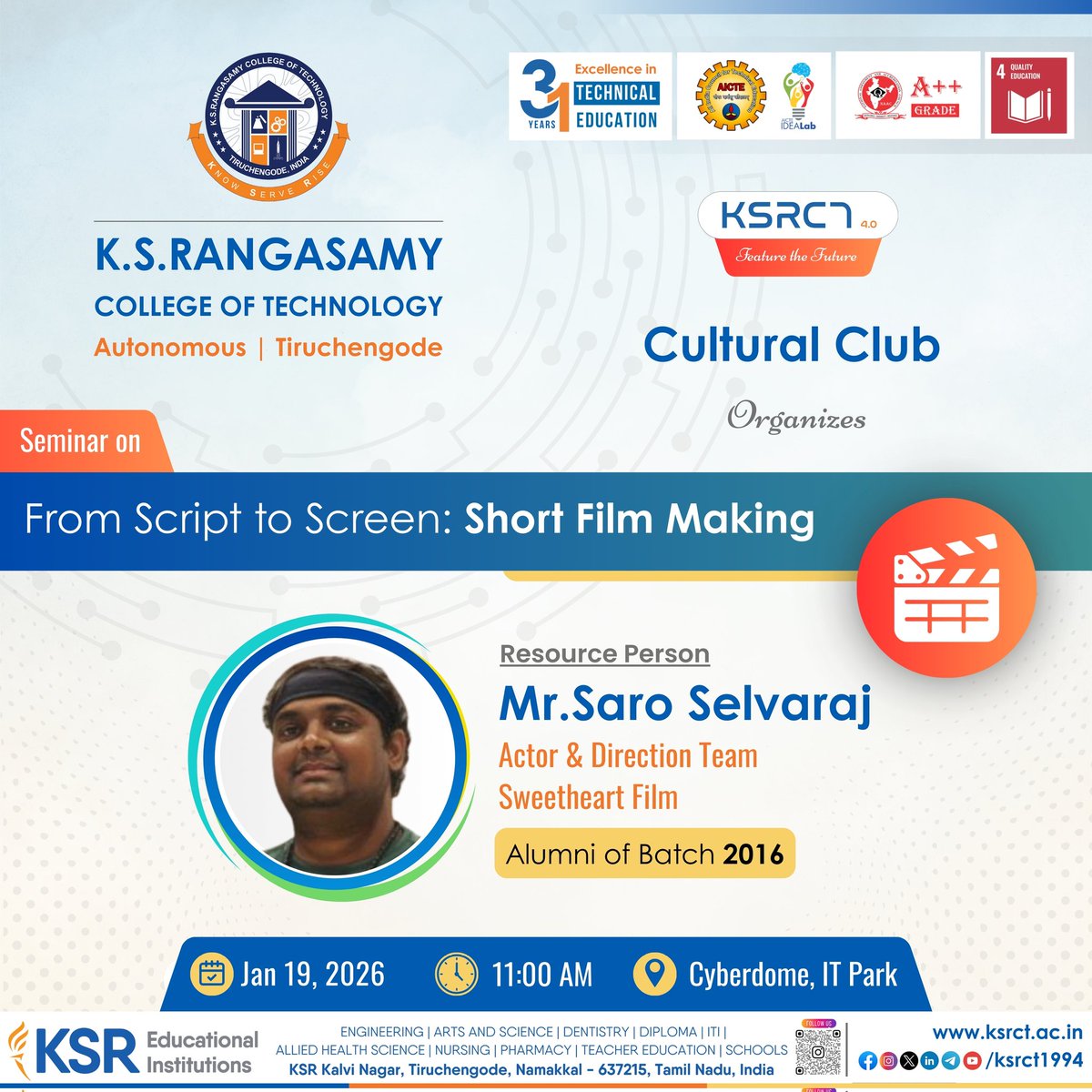 ksrct1994's tweet photo. The Cultural Club of K.S. Rangasamy College of Technology, in association with Beep Film Studioz, proudly presents a Short Film Contest exclusively for KSRCTians on Jan 19, 2025, 11:00 AM @ Cyberdome 

#ksrct1994 #ksr #ksrei #FromScriptToScreen #ShortFilmMaking #CulturalClub https://t.co/Sv47REDlif