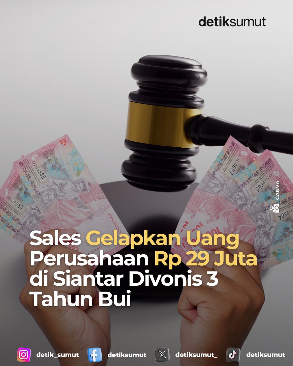 detiksumut_'s tweet photo. Seorang pria yang menjabat sales executive di Kota Siantar, Sumut, Hermansyah Aritonang (29) divonis 3 tahun penjara karena menggelapkan uang perusahaan.

#penggelapan #sidangvonis #sales #siantar https://t.co/8xAu4zMQoY