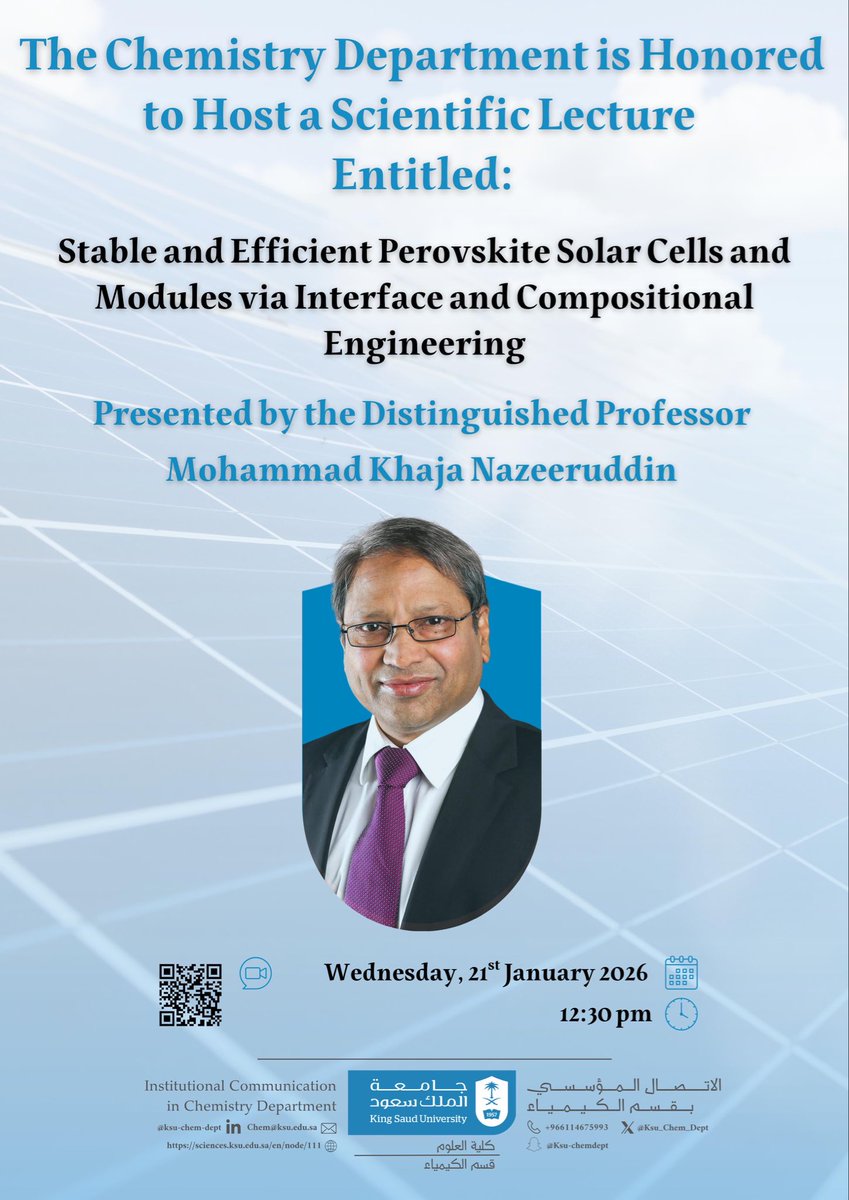 📢| يسرّ قسم الكيمياء دعوتكم لحضور المحاضرة العلمية المميزة

The Chemistry Department is pleased to invite you to attend a distinguish scientific lecture

⏰ Wednesday, 21 January 2026 | 12:30 PM

#قسم_الكيمياء_KSU

<a href="/_KSU/">جامعة الملك سعود</a> 
<a href="/KSU_FC/">المدينة الجامعية للطالبات</a> 
<a href="/CSCIENCE_KSU/">كلية العلوم-جامعة الملك سعود</a>