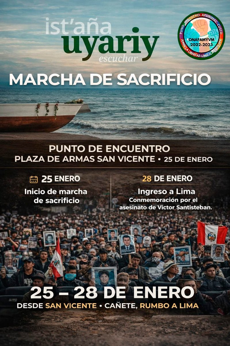 #Perú familiares de las víctimas de las masacres del régimen de Dina Boluarte, marcharán a Lima en señal de sacrificio, ante la falta de justicia desde hace 4 años... inician el recorrido el 25 de enero
#DinaAsesina 
<a href="/teleSURtv/">teleSUR TV</a>