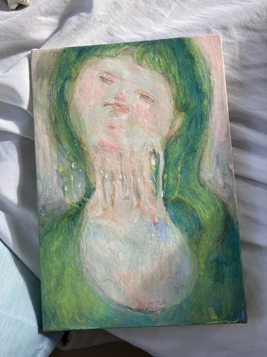 人って色々と経験して学んで大人になっても大きくなっていくやんか。細胞分裂みたいに。

一つの別れがあってその繰り返しも細胞分裂みたいな感じ。
別れによって成長があること。

一つのものが二つになろうとし、葛藤を抱えて、微妙な顔をしてる女の子を描いているよ。