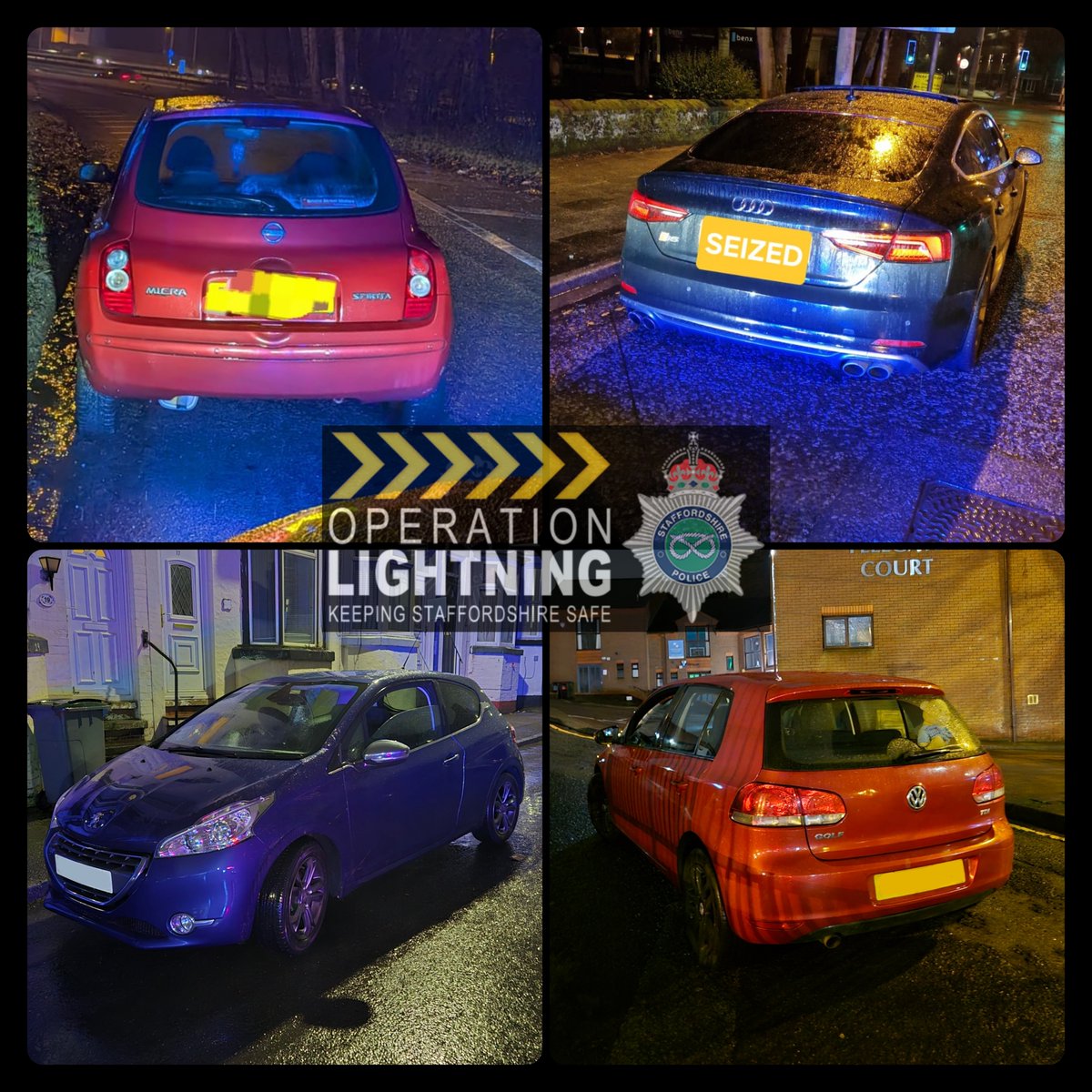 StaffsRCT's tweet photo. 4️⃣ more vehicles removed from the roads of #Newcastle this evening for a mixture of #Noinsurance and/or #Nolicence.
Remember - it's your own responsibility to check you are legal BEFORE you drive. @DriveInsured
#OpLightning #Team4RCT https://t.co/YHCWEb2GXd
