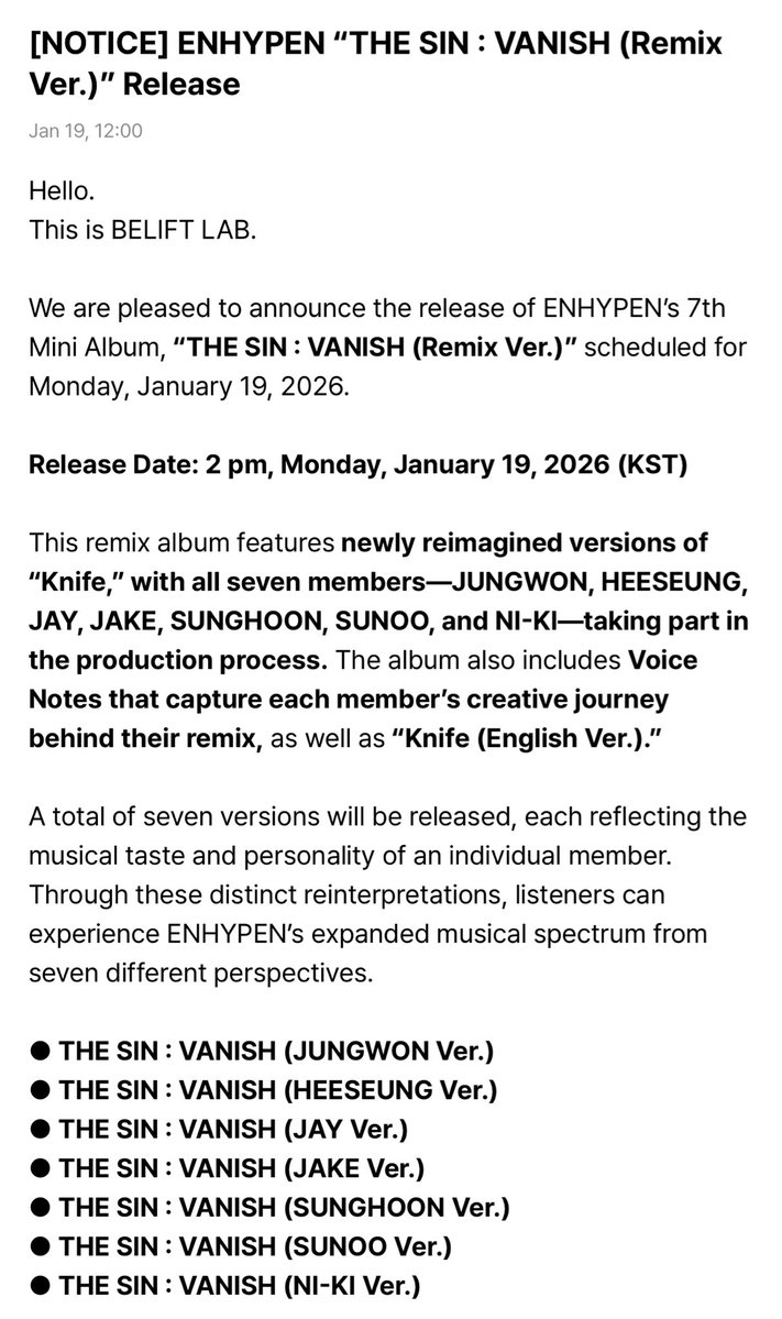 9_05nm's tweet image. อัลบั้ม remix “Knife” มี 7 ver. ซึ่งรีมิกซ์ตามสไตล์เมมเบอร์อฮพแต่ละคน แสดงให้เห็นความหลากหลายทางดนตรีจากมุมมองของเมมเบอร์ทั้ง 7คน
- มาพร้อม Voice Notes เล่าเบื้องหลังการสร้างสรรค์ - มีเพลง “Knife (English Ver.)” ในอัลบั้ม

อะไรใหม่ๆ จนฉันตามไม่ทันแล้วพี่