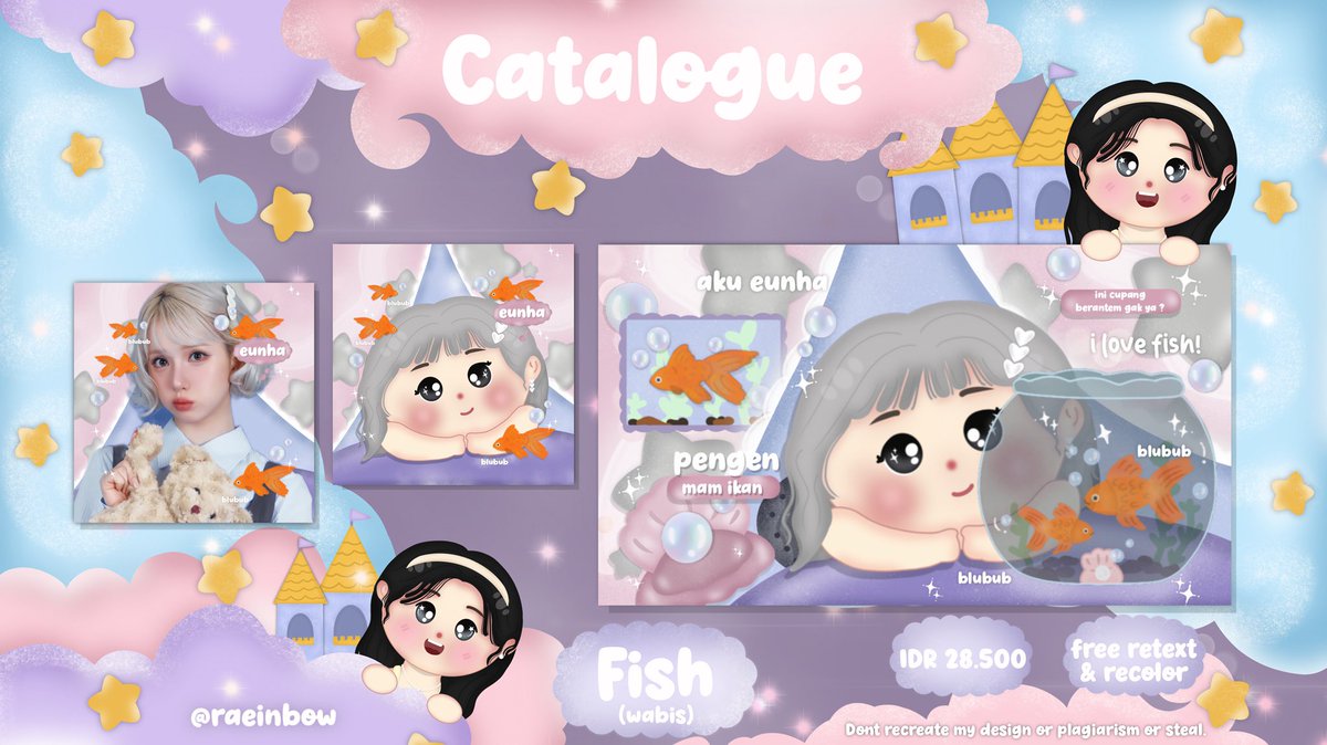 Madmmoiselle's tweet image. 🐠 repost, rt juseyo!

halooo! mungkin ada yg familiar sama katalog fish pertama chibi aku diera 2025🤏🏻 soo aku rombak dikit! sekalian mau up layout ready stock lucu ini.

🫧⑅˖.꒷꒰ FISH - new ꒱ ⋆˖🪽
avail : eunha, wony, winter - bisa bundle wabis ya

#zonauang bungkus ikan🫧