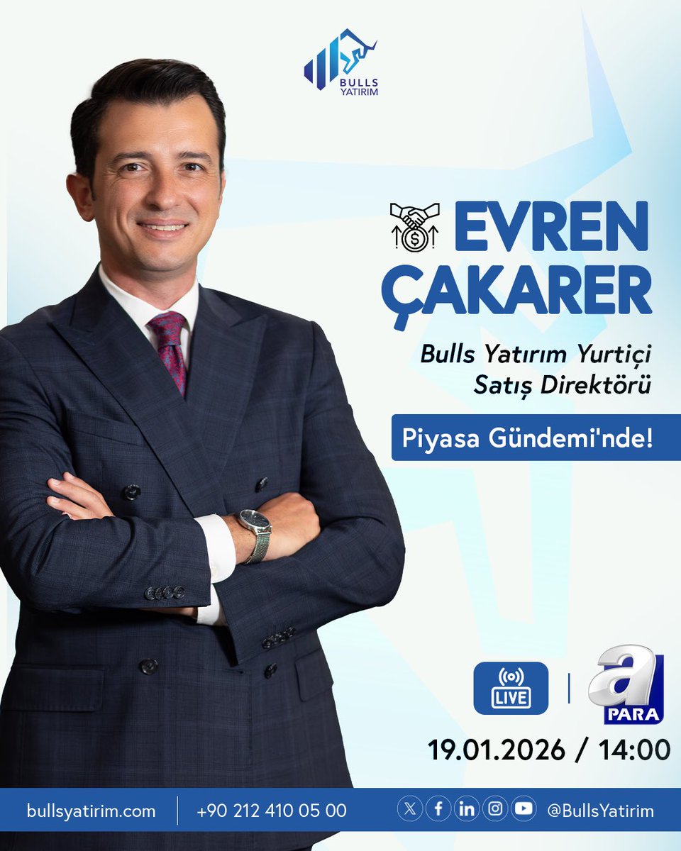 📺 Bulls Yatırım Yurtiçi Satış Direktörü Evren Çakarer, bugün saat 14.00’da A Para’da “Piyasa Gündemi” canlı yayın programında piyasalara dair son gelişmeleri değerlendirecek.

📊Piyasalara dair en güncel yorumlar için takipte kalın!
<a href="/ecakarer/">Evren Çakarer</a>
