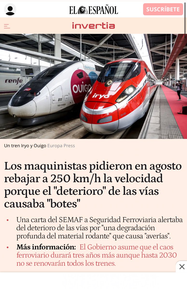 EmilioMontilla_'s tweet photo. 🔥🔴 | Óscar Puente hizo caso omiso a la petición de los sindicatos de rebajar la velocidad máxima en el tramo del descarrilamiento en Córdoba | 

El Sindicato de Maquinistas y Ayudantes Ferroviarios (SEMAF) solicitó en agosto de 2025 al Ministerio de Transportes rebajar en 50km/h. —de 300 a 250— la velocidad de varias líneas de alta velocidad, entre las que estaba la del accidente. 

Según el SEMAF, el espectacular incremento del tráfico ferroviario que había traído la aparición de actores privados como Iryo o Ouigo no había ido acompañado de una subida proporcional en el mantenimiento de la red. 

Como consecuencia, las vías tenían cada vez más imperfecciones, lo cual acrecentaba la vibración de los vagones y agravaba su desgaste. 

La cuestión es:

👉 Si sube el tráfico ferroviario, ADIF recauda mucho más, ¿por qué no se usaron esos recursos para conservar adecuadamente las infraestructuras? ¿Dónde está nuestro dinero? 

👉 Si se toma la decisión de no mejorar la red, ¿por qué Puente no bajó la velocidad y desoyó las recomendaciones de los profesionales del sector? 

Haya nexo causal o no entre esto y el accidente, nos va la vida en el que ministro responda a estas cuestiones.