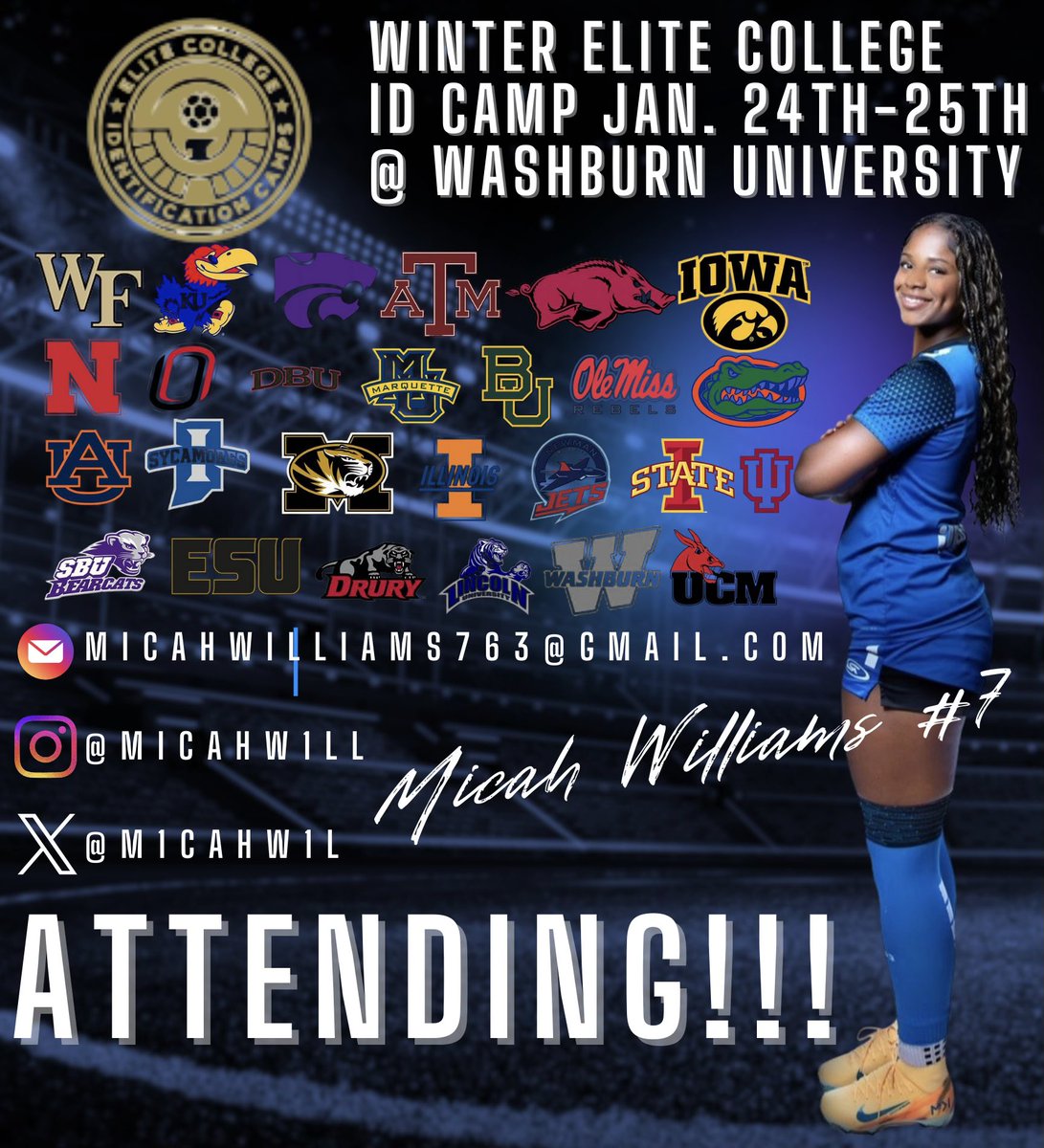 m1cahw1ll's tweet photo. Excited to attend @EliteIDCampsInc Winter College ID Camp Jan. 24th &amp; 25th in my home town of Topeka, Ks. at Washburn University.

Great players &amp; amazing schools attending. 

@KSRGirlsAcademy @KS_RushSoccer @ImYouthSoccer @TopDrawerSoccer @TheSoccerWire @PrepSoccer @KsRushGA09 https://t.co/OaxETnJPOY