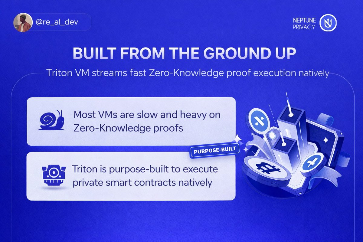 Not another fork. This was built from the ground up. The breakthrough:  Triton VM. Most VMs are too slow and heavy for Zero-Knowledge proofs.  Triton is different, purpose-built to execute private smart