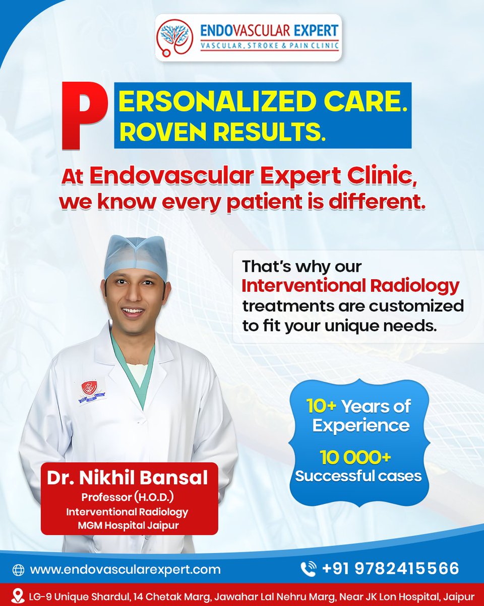 EndovascularEx's tweet photo. At #EndovascularExpert Clinic, we believe healthcare should never be the same for everyone.

Under the expert guidance of Dr. Nikhil Bansal, Professor (H.O.D.) – Interventional Radiology, every treatment plan is designed according to the patient’s.

Contact us: 9782415566 https://t.co/TcbHFq970S