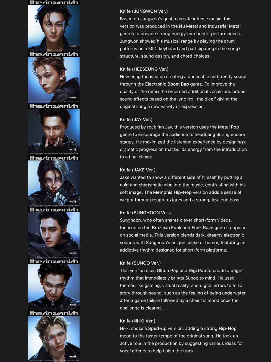 rikittalgi's tweet image. ENHYPEN Members 'Knife' Remix Details 🔪🎶 

'Knife (JUNGWON Ver.)' — Nu Metal / Industrial Metal
'Knife (HEESEUNG Ver.)' — Electronic Boom Bap
'Knife (JAY ver.)' — Metal Pop
'Knife (JAKE Ver.)' — Memphis Hip-Hop
'Knife (SUNGHOON Ver.)' — Funk Rave / Brazil Funk
'Knife (SUNOO…