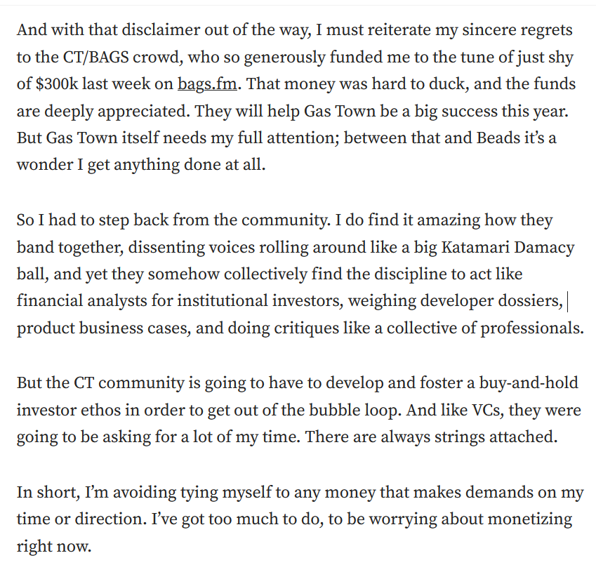 tontheneko's tweet photo. Sadly, I was wrong, I'm so sorry. He just posted a new blog and said he's distancing himself from the coin.

Very sad turn of events. This is also a huge blow for Bags eco too, best project withdrawing, I hope we can have a new $GAS with a dev as good as Steve Yegge to be a crypto advocate.

I'm truly sorry that it turned out to be this way.