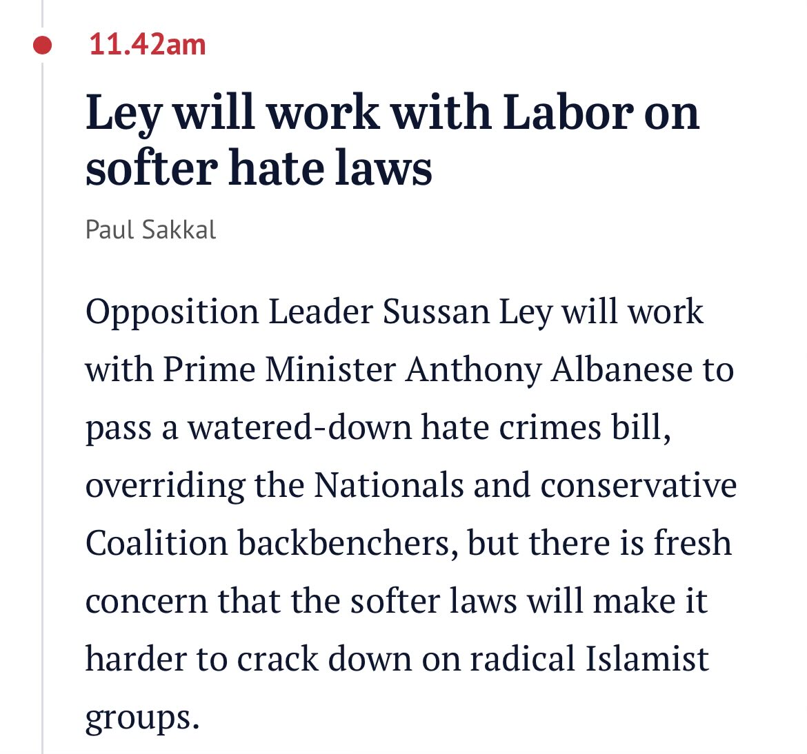 QBCCIntegrity's tweet image. BREAKING: Liberals Supreme Chairwoman Sussan Ley declares she will “work with Prime Minister Anthony Albanese to pass a watered-down hate crimes bill. 

NO Sussan. You’ve failed. Prepare to drop to sub 5% support. You’ve put the final nail in @LiberalAus coffin.