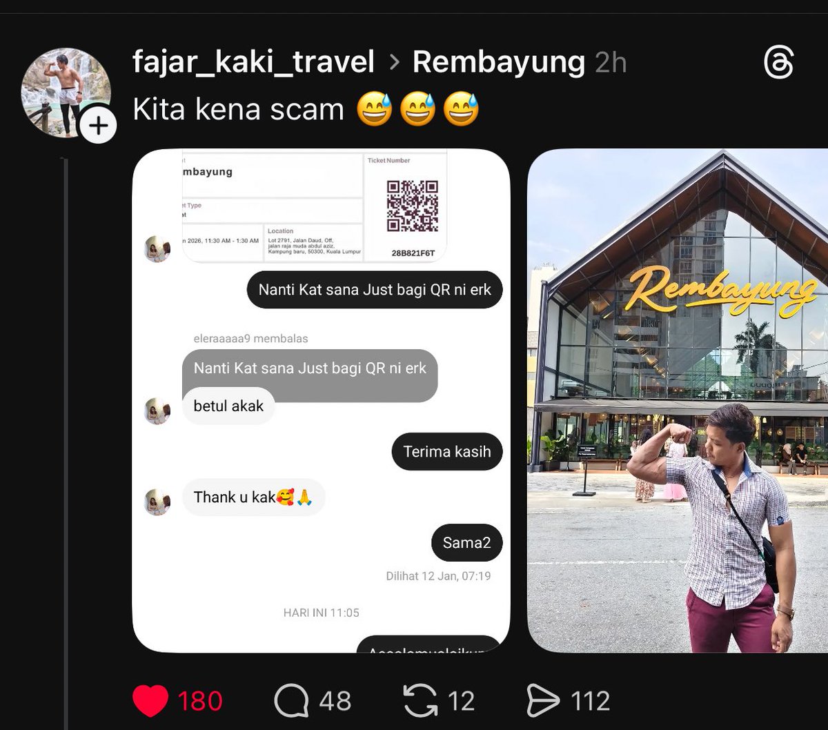 IniAlalalannn's tweet image. ada orang kena scam booking Rembayung 🤣😭 tapi agak-agak la kawan tu bagi QR code ticket2u pun kau percayaaaa