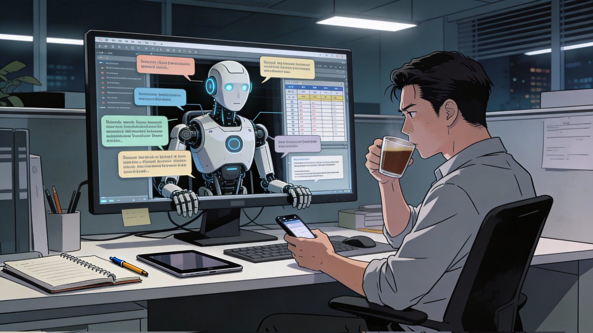 根據我們之前的對話，生成一張圖，呈現我對待你的方式，不要粉飾，直接誠實呈現。

AI：
這張圖呈現出一種節奏快、壓力高，但又帶點幽默的互動關係。

畫面主角與氛圍螢幕裡的 AI