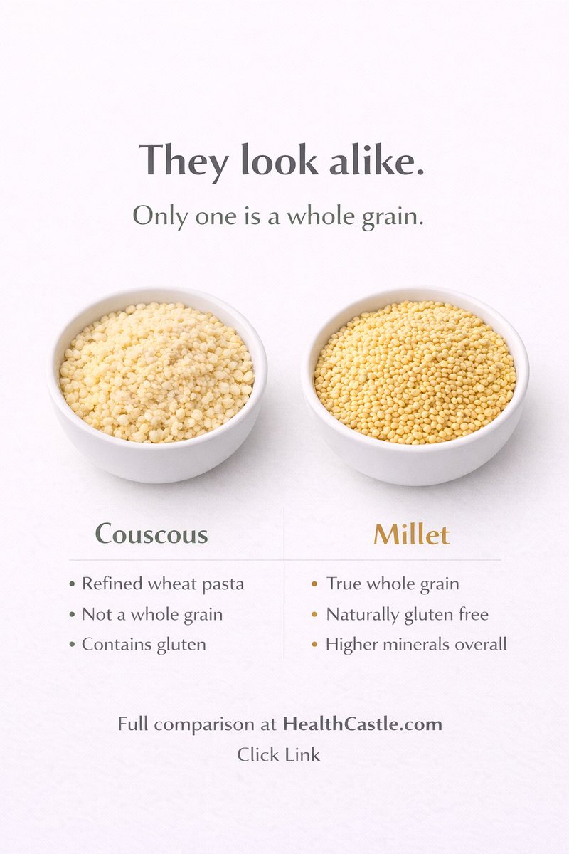 Couscous and millet often get grouped together, but only one is a whole grain. That changes  mineral content and blood sugar response. If those matter to you, the choice matters too. Read more  👉🏻 bit.ly/49DL9Eb