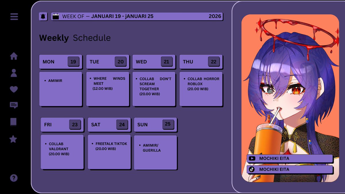 eita_wee's tweet photo. 🔮WEEKLY SCHEDULE✨
(19- 25 JAN 2026)
🔮HASHTAG✨
General : #mochikieita
LIVE : #eitalive
Art : #eitart
NSFW : #yabei
Meme : #momeme
Clips : #ei_clips
Fan name : #mochilock https://t.co/AQcFJk6jSW