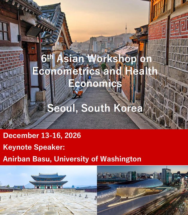 The 6th Asian Workshop on Econometrics and Health Economics will be held in Seoul South Korea Dec 13-16 2026. Very happy that Prof. Anirban Basu from University of Washington will be the keynote speaker!

prj-wishproject.w.waseda.jp/asian-wehe/