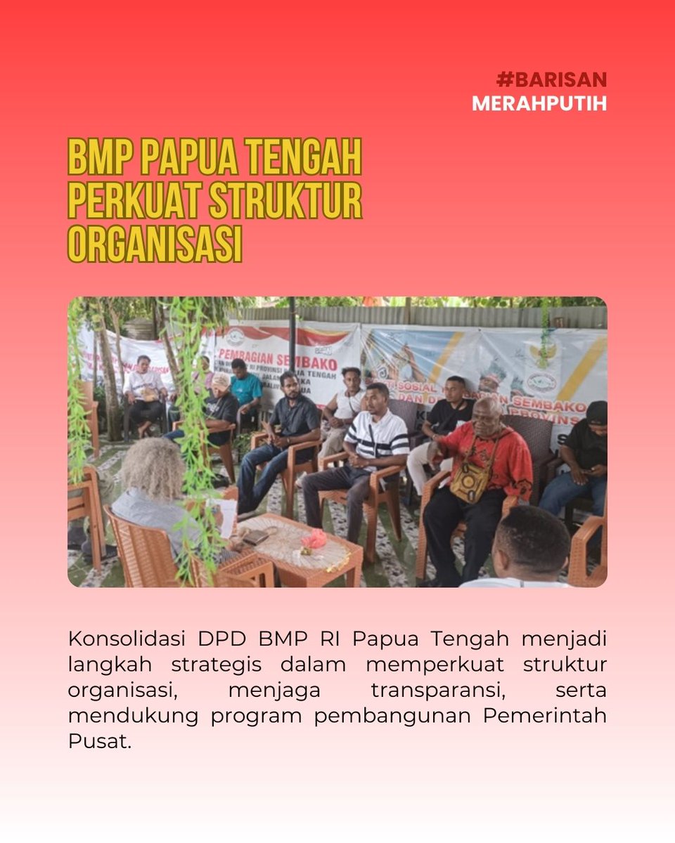 ToedjoeanSatu's tweet photo. Konsolidasi DPD BMP RI Papua Tengah di Nabire memperkuat struktur organisasi, menyusun agenda 2026, dan menyiapkan aksi sosial sembako bagi masyarakat. Bersama BMP, dukung persatuan dan pembangunan Papua Tengah.
#BarisanMerahPutih #BMP #PapuaTengah #AksiSosial #BersatuMembangun https://t.co/oGD2kl4ome