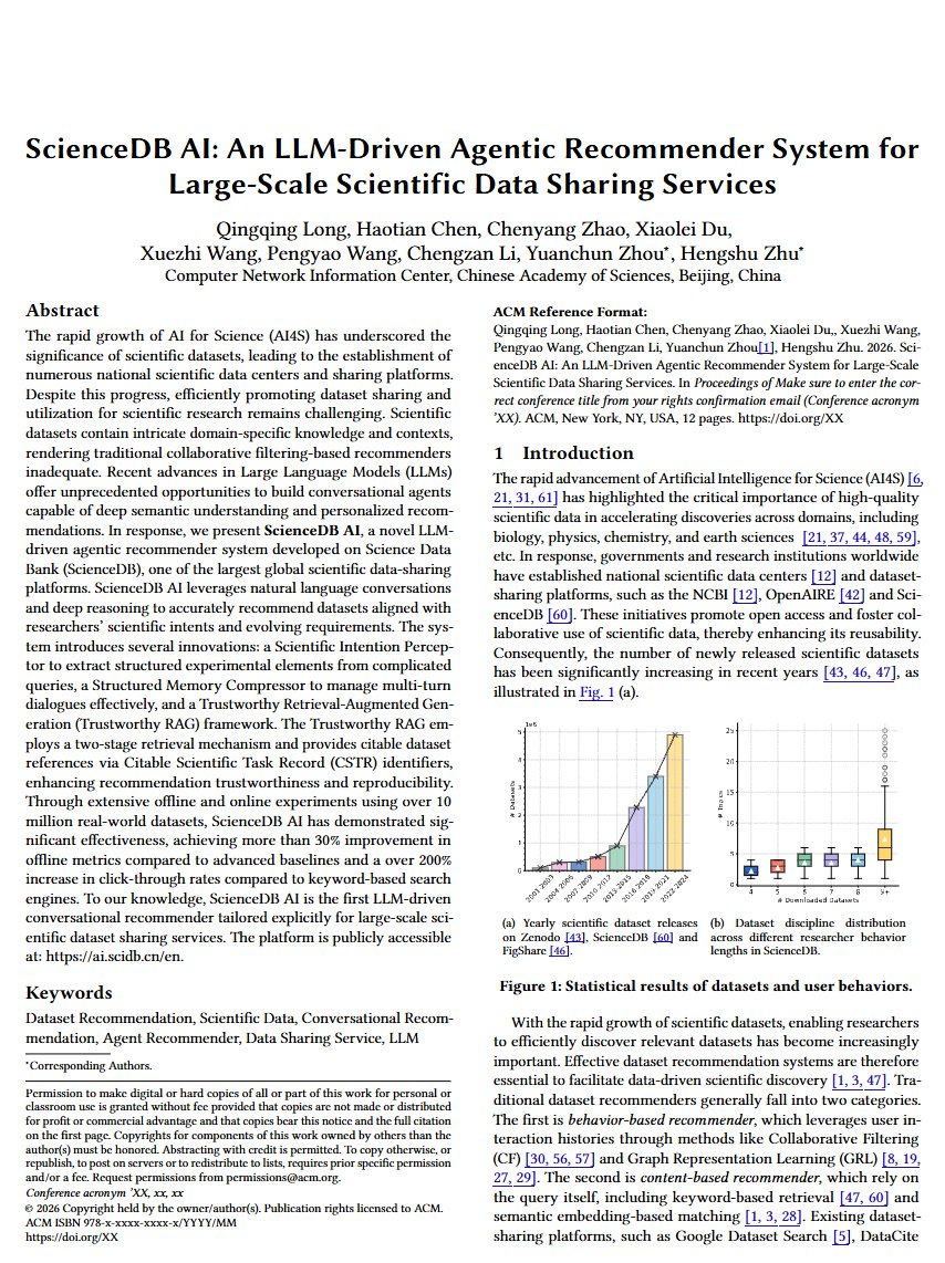 ai_database's tweet photo. AIと対話しながらデータセットを探せるシステム「ScienceDB AI」が登場。
さまざまな科学技術分野における1500万件以上のデータの中から、ユーザーの意図を理解して適切なものを推薦する仕組み。

システムは既に https://t.co/upkSw2Svkr で公開されており、誰でも利用可能となっています。

ユーザーが要望を伝えると、システムが研究トピックや実験条件を自動で読み取って検索します。
対話を重ねて絞り込んでいけるのがポイントとのこと。
なお、LLMにありがちな「存在しないデータをでっち上げる」問題を防��ため、必ず実在するデータだけを返し、引用用の識別子も付与する設計になっているようです。

背景には、科学データが爆発的に増えているのに、必要なものを見つけるのが難しいという現状があります。主要なデータ共有プラットフォームは今もキーワード検索に頼っていて、研究者の複雑なニーズに対応できていません。

本システムは技術的にはデータセットをDBとしてLLMがRAGを行うシンプルな設計でありますが、用途を絞ることによって使い勝手が向上する好例と言えそうです。