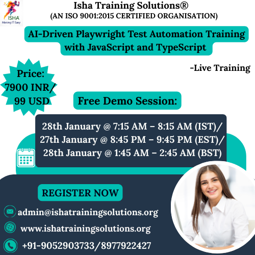 IshaKumargupta's tweet photo. Isha Training Solutions presents “AI-Driven Playwright Test Automation ”– Live Training
Free Demo On:
28thJan@7:15AM(IST)/27thJan@8:45PM(EST)
Register the link below
https://t.co/e3IvvCr66t
call+91-9052903733
https://t.co/osOj0DEany
#PlaywrightTesting https://t.co/cl8zrh7LHw