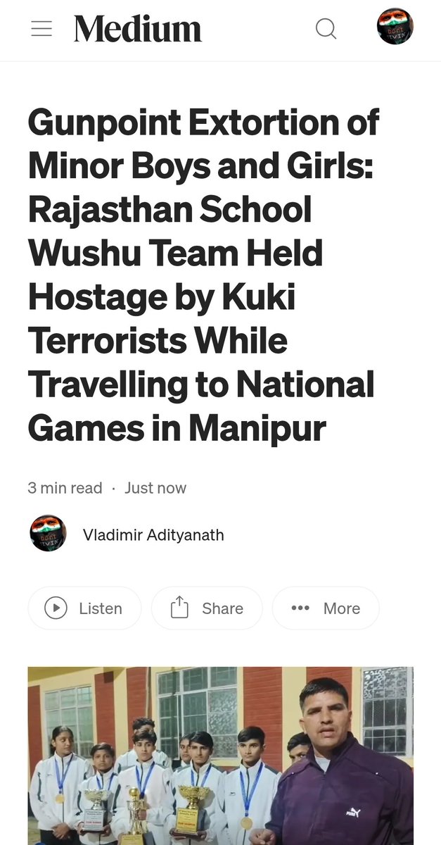 VladAdiReturns's tweet photo. Gunpoint Extortion of Minor Boys and Girls : Rajasthan School Wushu Team Held Hostage by Kuki terrorists While Travelling to National Games in Manipur 

Guardians allege serious administrative lapses after the event, such 
@RajCMO @RajGovOfficial @mansukhmandviya @UnSubtleDesi https://t.co/zToYNbsE9K