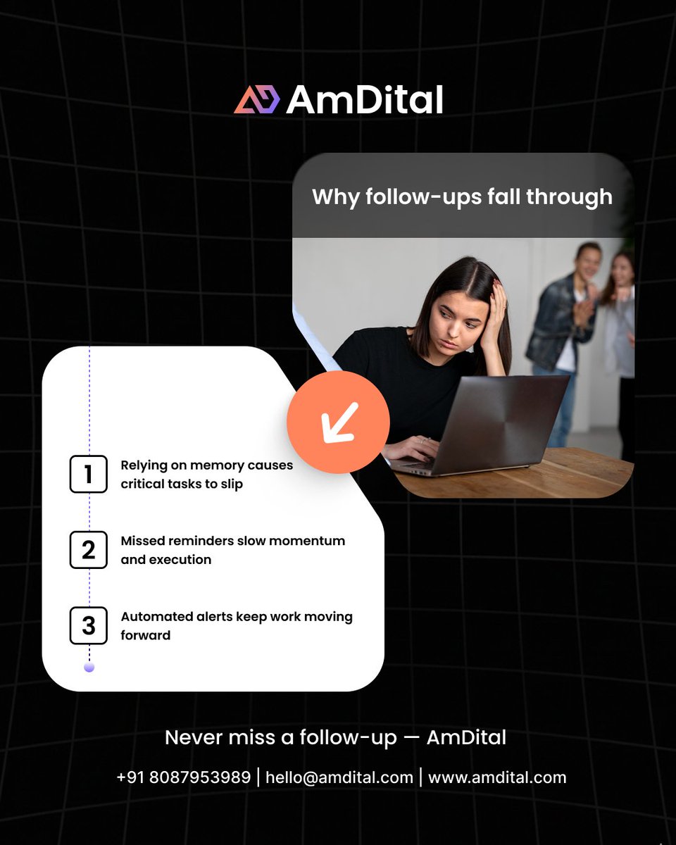 amdital's tweet photo. Never chase follow-ups again. Let AmDital handle it.

Get in Touch with Us
📞 Call: +91 8087953989
📩 Email: hello@amdital.com
🌐 https://t.co/fEiC7GAX0D

#FollowUpSystems #SmartReminders #WorkAutomation #TeamEfficiency #WorkflowDesign #AmDital https://t.co/CmPI42z5Ka