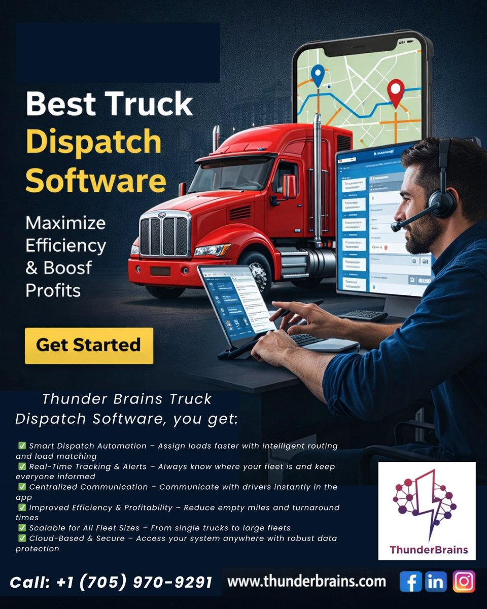 ThunderBra28486's tweet photo. 🚚Truck Dispatch Software in Gurugram 🚚
Looking to maximize efficiency and boost profits? ThunderBrains Truck Dispatch Software is designed 
#TruckDispatchSoftware #FleetManagement #LogisticsSolutions #ThunderBrains #SmartDispatch #TransportationTech https://t.co/NLhJnfApDu