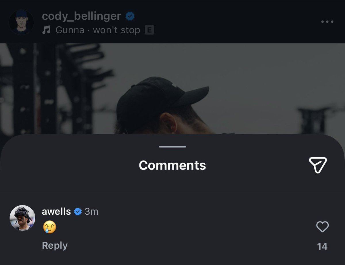 theyanksonly's tweet image. Austin Wells comments on Cody Bellinger’s recent Instagram post:

“😢”

(@Cody_Bellinger)