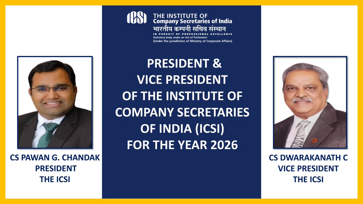 icsi_cs's tweet photo. President &amp; Vice President of the #ICSI for the year 2026 @MCA21India https://t.co/sZsq4Tlnf8