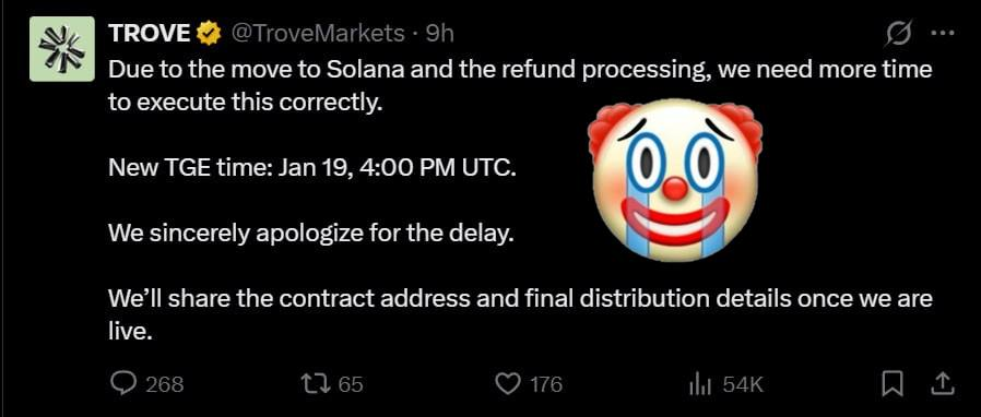 VietnamPenguin's tweet photo. TROVE update (last 24h):

1/ The “nervous LP” keeps TWAP-dumping HYPE. ~75% already sold (~370k HYPE).

2/ TROVE co-founder officially sunset the entire HIP-3 project on Hyperliquid. New plan: “pivot to Solana and build a DEX from scratch” (classic).

3/ TGE delayed multiple times. Latest promise: Jan 19, 4:00 PM UTC.

4/ ~$5.4M from the ICO was moved into a SafeProxy (Gnosis Safe) — no refund contract, no timeline, no explanation. This is roughly the amount they promised to return. Still not refunded. Address: 0x787571c7e0b2fc0bcf64c75bc98bf842eef8107d

Let’s be real:
Angel round funds look fully off-ramped, the remaining HYPE is being dumped, and funds are likely leaving the chain (through XMR?). Rug risk has never been higher.

At this point the devs only decision is whether to:

walk away with ~$2.5M quietly, or
try to grab ~$9M and deal with real legal consequences.

Absolute clowns🤡