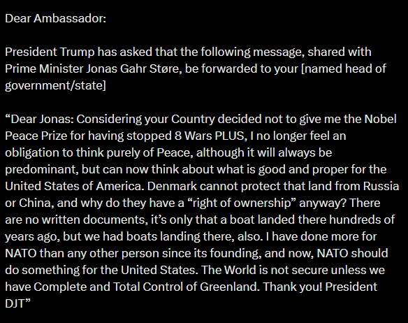 NewsWire_US's tweet image. President Trump letter to Norway Prime Minister links Nobel Prize to Greenland, reiterates threats; shared with European ambassadors in Washington. - PBS' Nick Schifrin