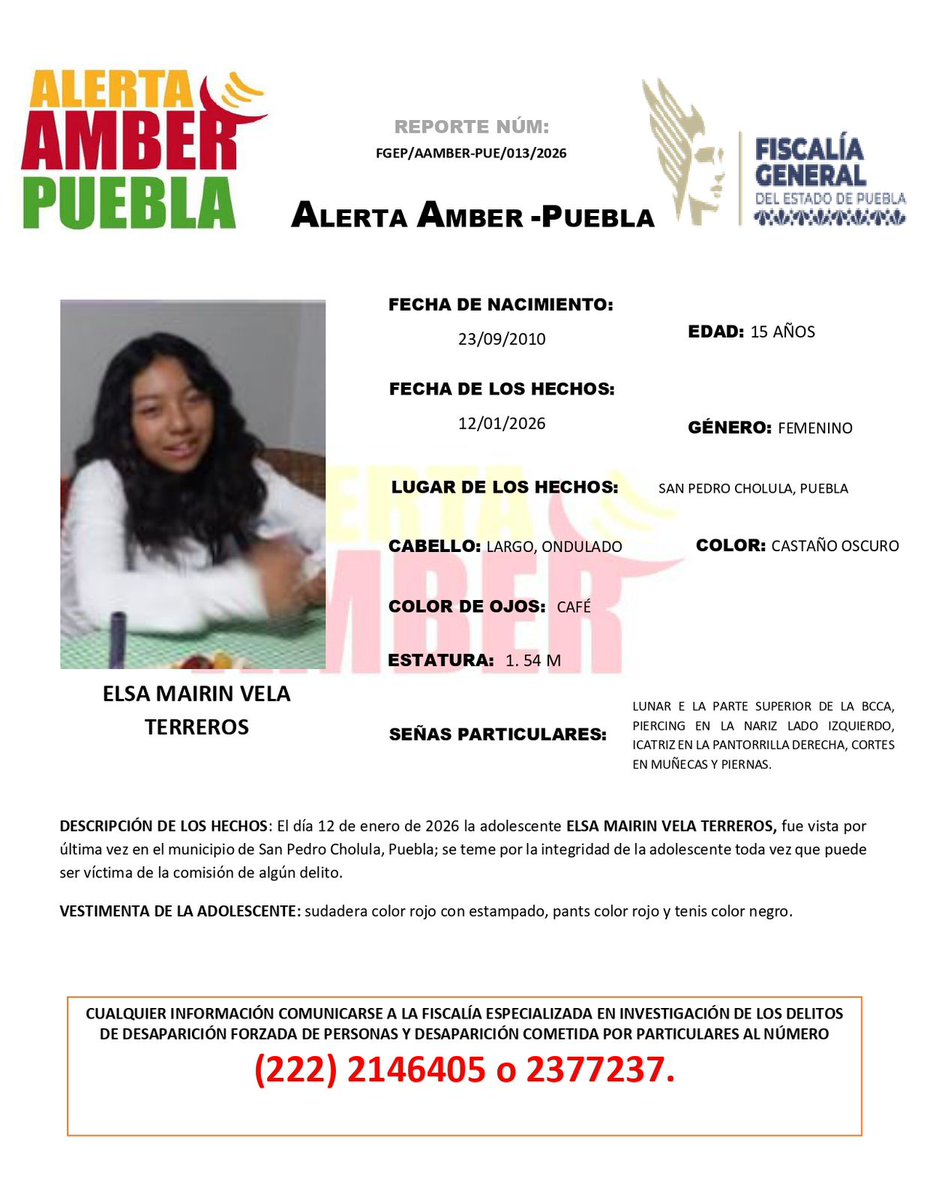 TribunaVigila's tweet photo. #Activan #AlertaAmber para localizar a Elsa Mairin Vela Terreros de 15 años, fue vista por última vez en #12deEnero en #Puebla. #Comparte #ServicioSocial #LaVozDeLosPoblanos #SeBusca https://t.co/3hiIrmqqNl