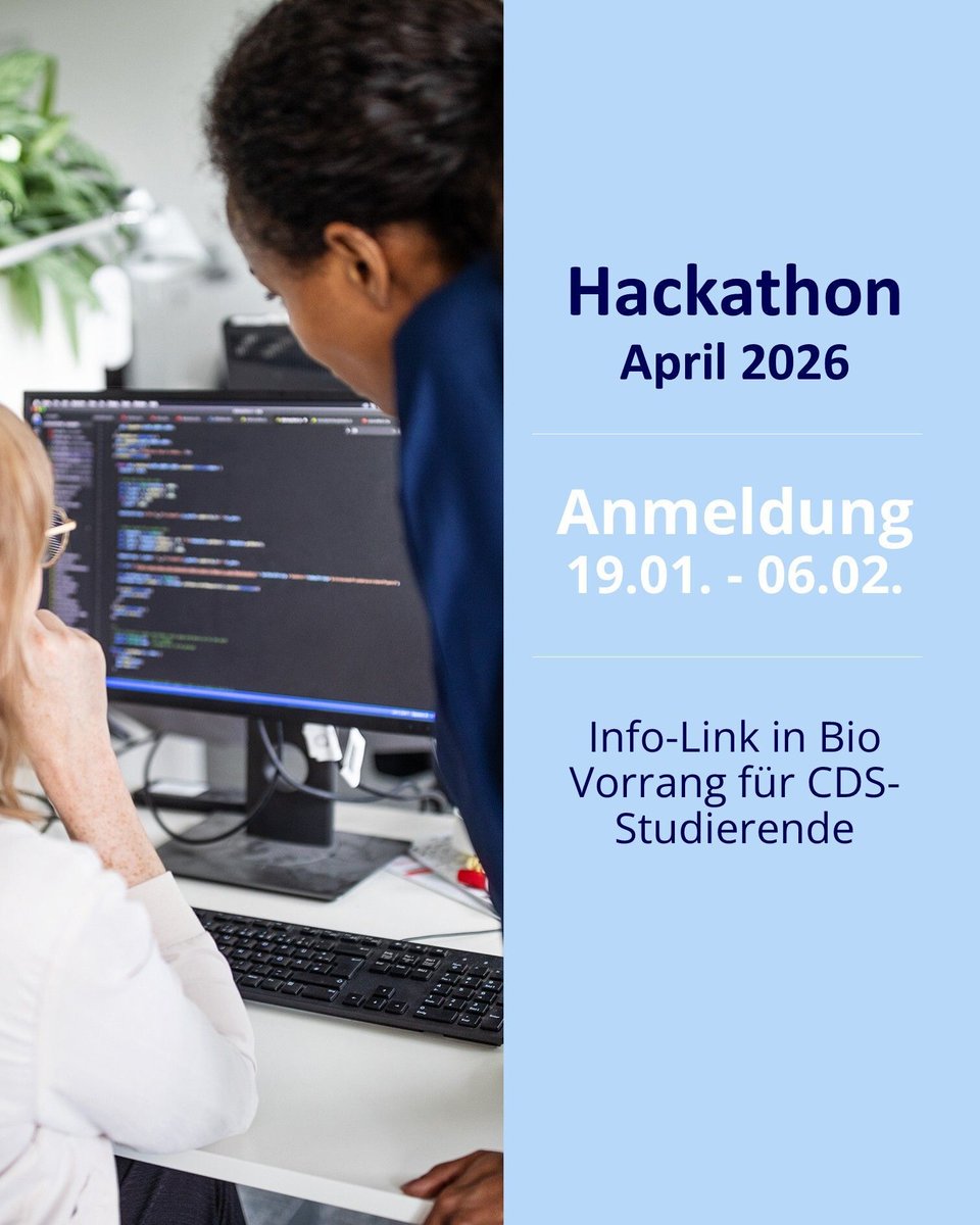 fsmikit's tweet photo. Anmeldestart zum CDS-Hackathon im April 2026 (07.4.-10.04.2026, ganztägig) 💻

Die Anmeldung für den Hackathon im April 2026 wird im Laufe des kommenden Montag, 19.1., geöffnet und läuft bis zum 06.02. Mehr Infos per Mail an CDS-Studierende oder auf https://t.co/MeTWkUP0pB https://t.co/FFnKbSJTdr