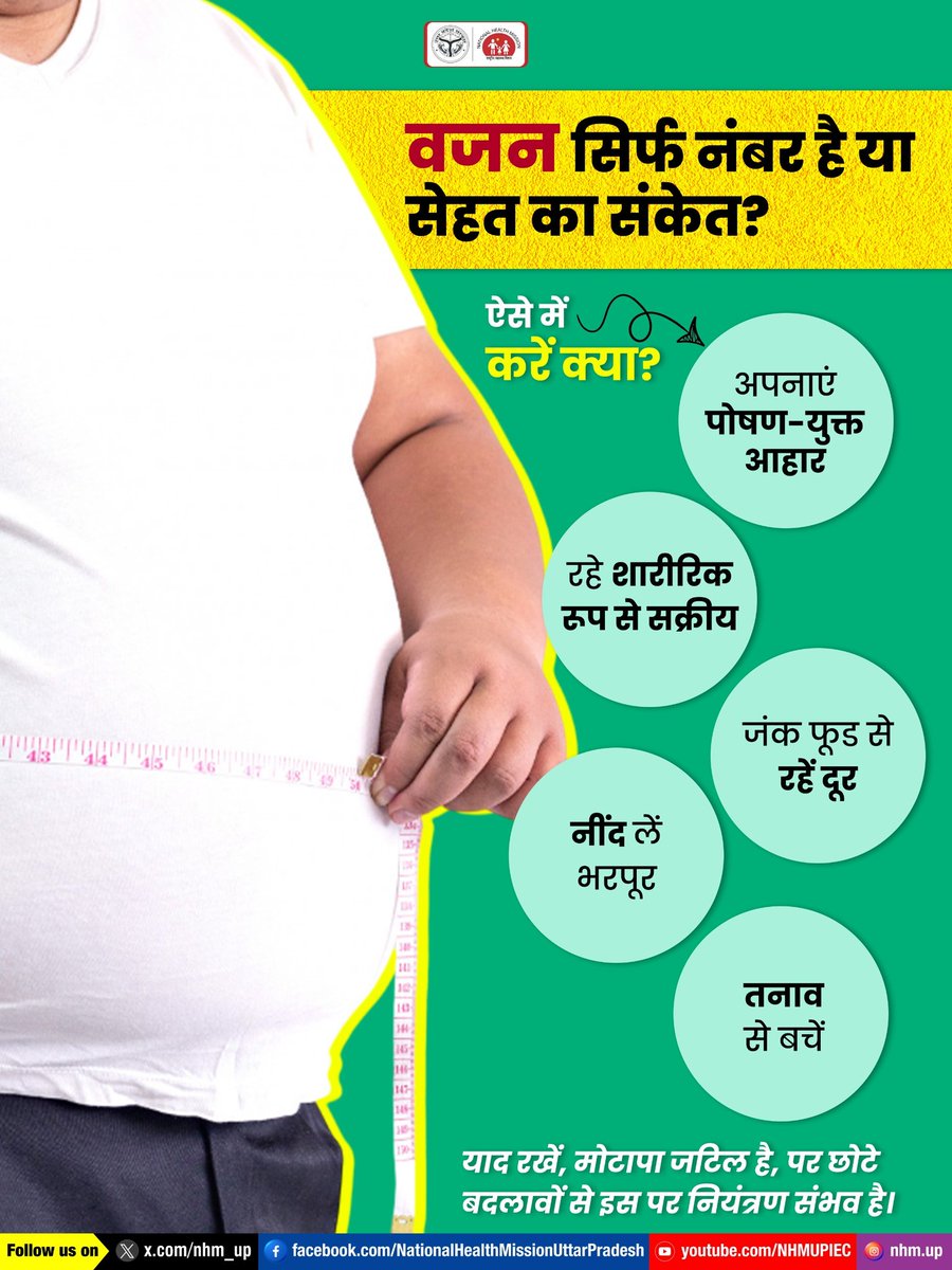 nhm_up's tweet image. 🚶‍♀️🥗 संतुलित आहार और सक्रिय जीवनशैली, बेहतर स्वास्थ्य के आधार हैं।❤️
Healthy Lifestyle | Weight Management | Balanced Nutrition
#WeightAwareness #NHMUP #PreventObesity