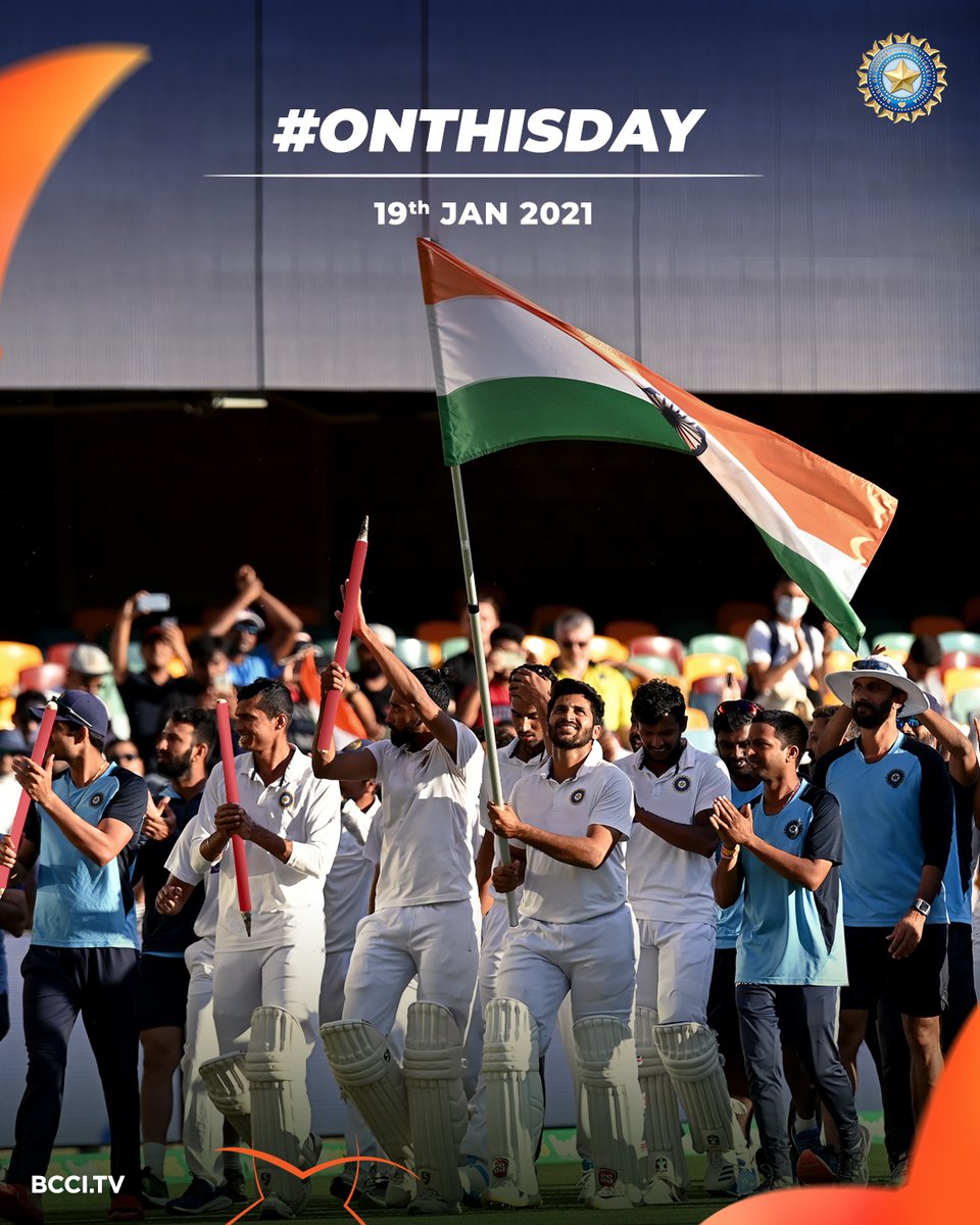 BCCI's tweet photo. #OnThisDay in 2021 🗓️

One of the most memorable victories in #TeamIndia's Test history ✨👏

A thrilling win in Brisbane to clinch the Border-Gavaskar Trophy by 2-1 🙌 https://t.co/JPmPMyYOJS