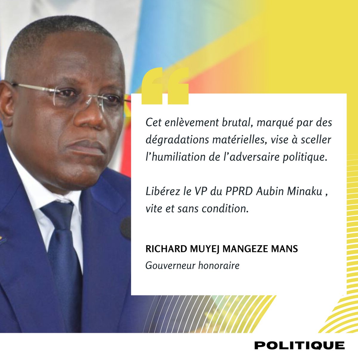 richard_muyej's tweet photo. L’enlèvement de l’honorable Aubin Minaku, président honoraire de l’Assemblée nationale de la RDC (du 12 avril 2012 au 24 avril 2019) : UNE MISE EN SCÈNE DE LA TERREUR OU LE CHOIX DE LA GOUVERNANCE PAR LA PEUR

Le mode opératoire utilisé contre l’ancien président de l’Assemblée nationale, calqué sur les précédentes répressions visant la direction de notre parti, relève d’une théâtralisation de la violence. 
Le déploiement disproportionné des forces de sécurité n’avait d’autre but que d’instaurer une psychose collective.

Cet enlèvement brutal, marqué par des dégradations matérielles, vise à sceller l’humiliation de l’adversaire politique. 

Ce scénario, digne d'une époque que nous croyions révolue, est un montage cynique du régime actuel pour simuler une puissance régalienne en plein centre urbain, là où le calme règne.

C’est un affront à notre jeune démocratie. Cet acte de diversion cherche à détourner l'attention d'un peuple exigeant 
le rétablissement de la sécurité et du progrès social. Pendant ce temps, la direction du pays s'illustre par une « diplomatie de l'image ». Qu'il s'agisse des accords miniers opaques avec l'administration Trump ou des visites d'État aux objectifs flous, notamment en Serbie ; ces missions ne produisent aucun dividende tangible pour le Congolais moyen.

Gouverner par la peur semble être l’unique boussole de la dynastie régnante : arrestations arbitraires et parodies de justice deviennent les piliers d'un système qui préfère la force au consensus. Triste destin pour notre géant, la RDC, prise en otage par les tâtonnements d’une gouvernance sans fondement légitime et dépourvue d’une vision claire.

Peuple congolais, notre salut a une identité : SAUVONS LA RDC