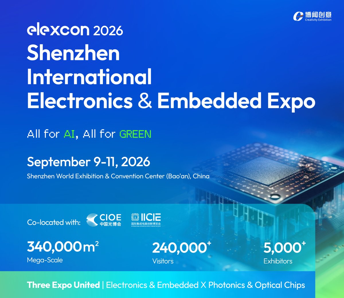 elexconchina's tweet photo. 🚀 elexcon announces co-located expo with @CIOE_Shenzhen  &amp; IICIE!
📅 Sept 9–11, 2026 | 📍 Shenzhen
340,000 sqm mega platform connecting electronics, embedded systems, optoelectronics &amp; ICs.

#elexcon2026 #EmbeddedSystems #CIOE #IICIE #ElectronicsExpo #AI #Shenzhen #TechEvents https://t.co/cp8fFJnlj0