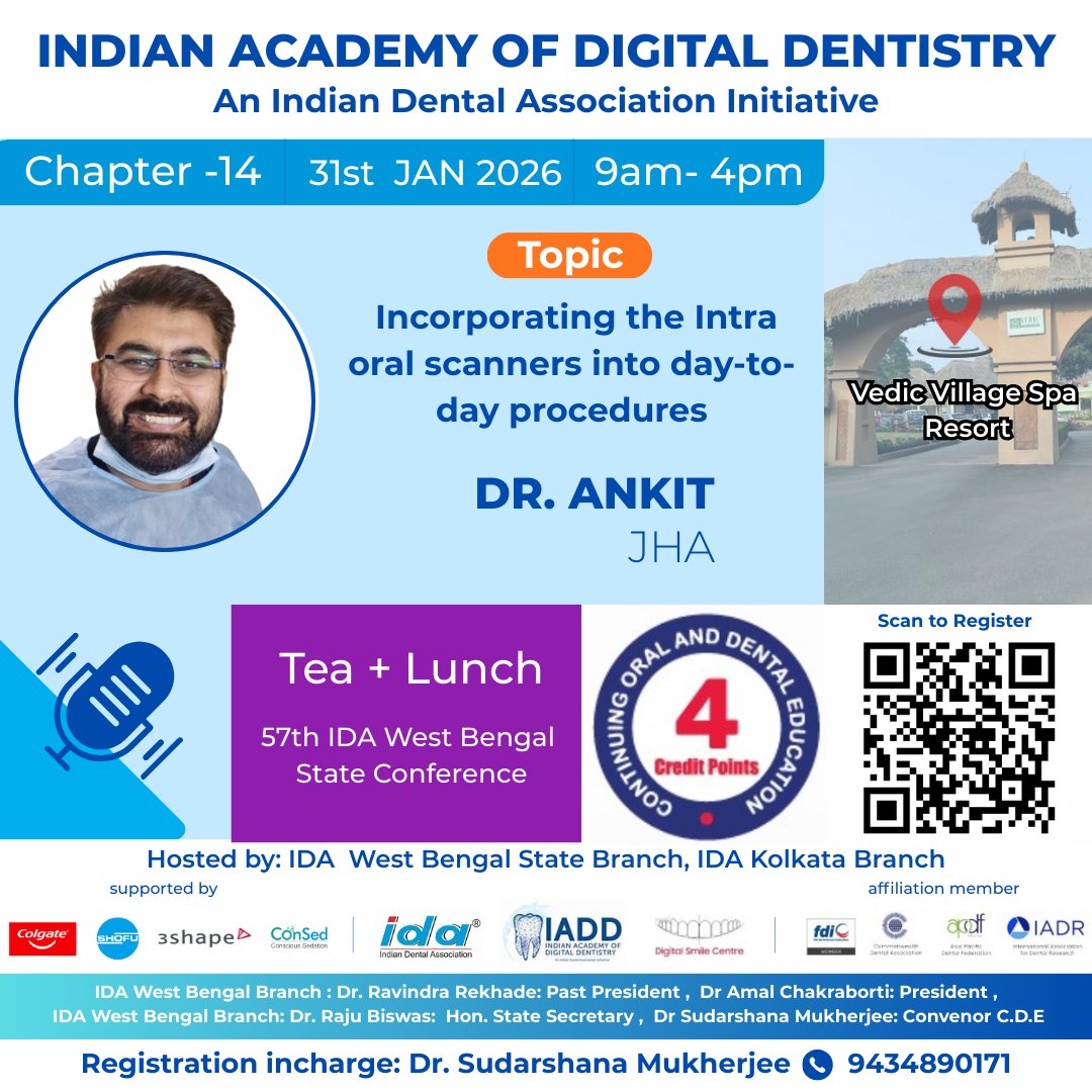 IADD_IDA's tweet photo. 🦷 Make digital dentistry part of your practice!

Join IADD Chapter 14 for Dr. Ankit Jha’s session: “Intraoral Scanners in Day-to-Day Procedures.” 

📅 31 Jan | 9AM-4PM
📍 Vedic Village, Kolkata

🔹Workflows
🔹Efficiency
🔹Integration

🎓 4 CDE Points | 🍱 Lunch
📲 Register now! https://t.co/R34hMW4tIB