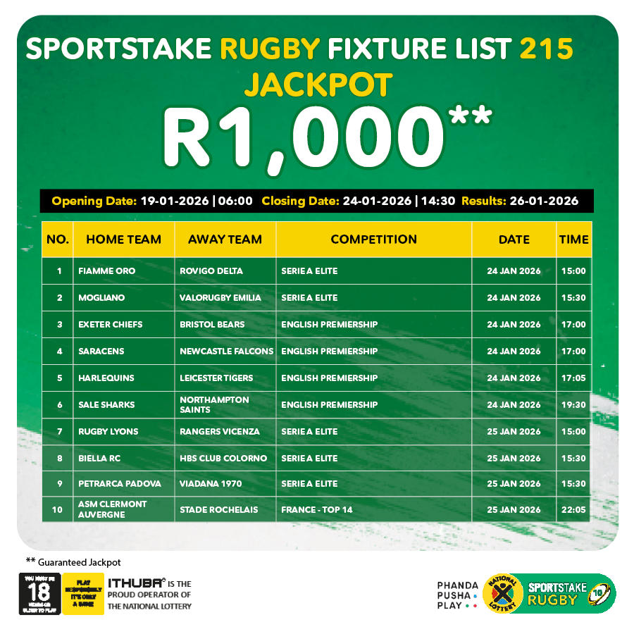 sa_lottery26's tweet photo. Here are the #SPORTSTAKE RUGBY #FixtureResults, #Dividends for list 214 & #Fixturelist 215 with a GUARANTEED Jackpot of R1,000. Congratulations to the winner of R1,000. You are #InjaYeGame.
Players must be 18 years or older, play responsibly. https://t.co/7nc2sMzfah