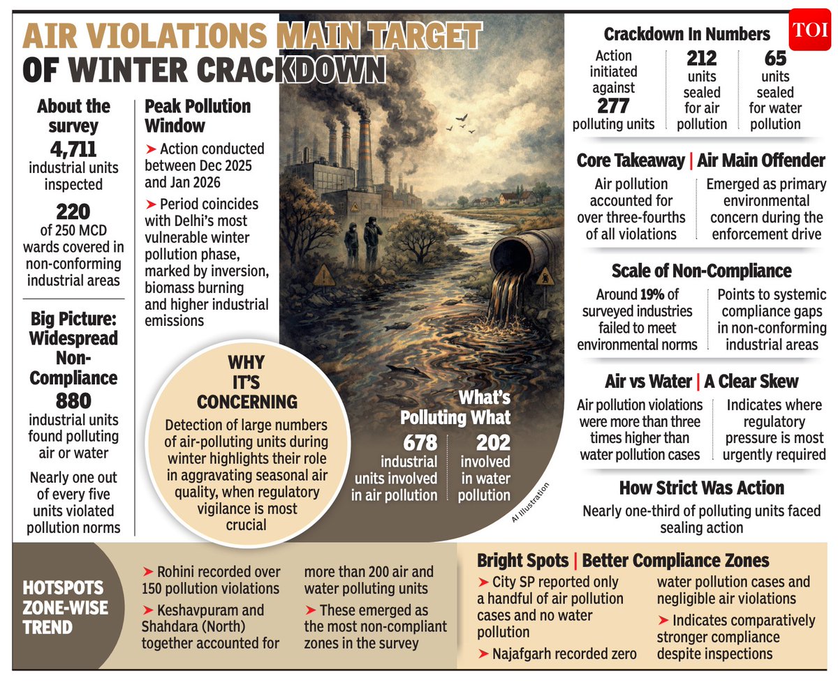 timesofindia's tweet photo. 1 in 5 units in non-conforming areas polluters
As #GRAPIV kicks in, data shows scale of violations; 880 units found polluting air or water; #Rohini and Keshavpuram lead
Read here 🔗https://t.co/pBjV8tRE06 https://t.co/JQM62buK0r
