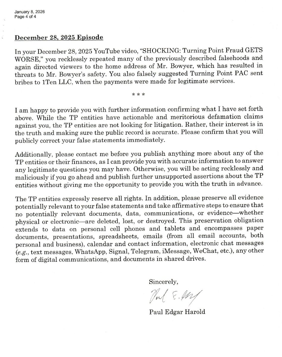 I have seen some comments wondering if I was accurately describing Turning Point’s letter because it seemed so crazy. To avoid any miscommunication, I am now releasing the letter in its entirety. I think it is even worse than I described.