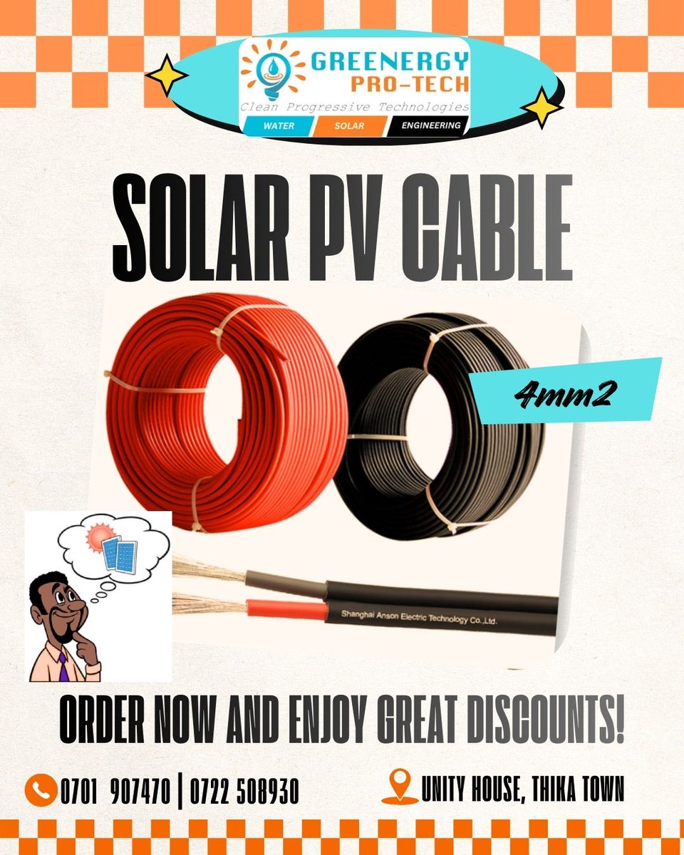 GreenergyPower's tweet image. Greetings! For all #solar installations, it is important to use the right #electriccables. @GreenergyPower has some excellent quality 4mm #PVCables specific for solar installations. They come with UV-protected sheath, aluminium strands &amp;amp; are highly robust. Make your order today.