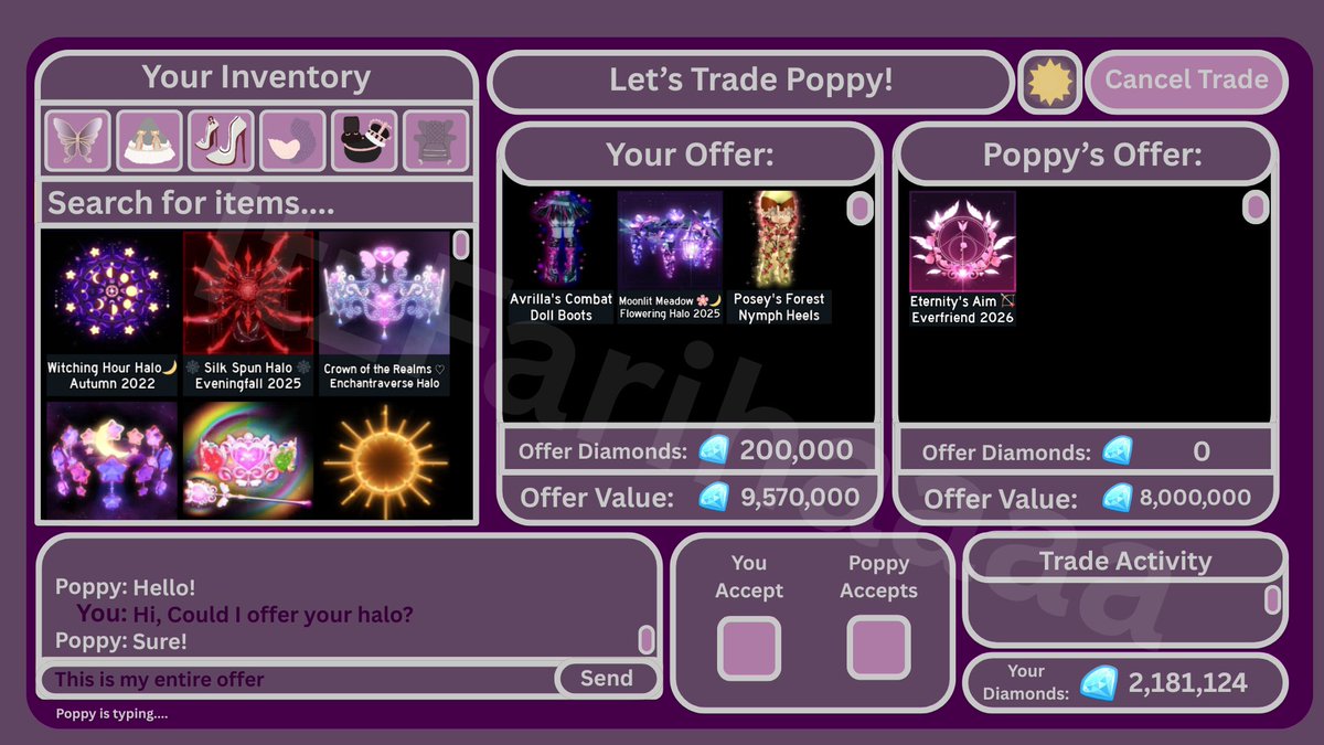 I created my own concept of a trading UI rework!

Considering almost all items have a set value now I decided that it would be useful for newer players to have a "Offer Value" section which can prevent scams. 

(I can't draw so I tried my best with the Icons lol)