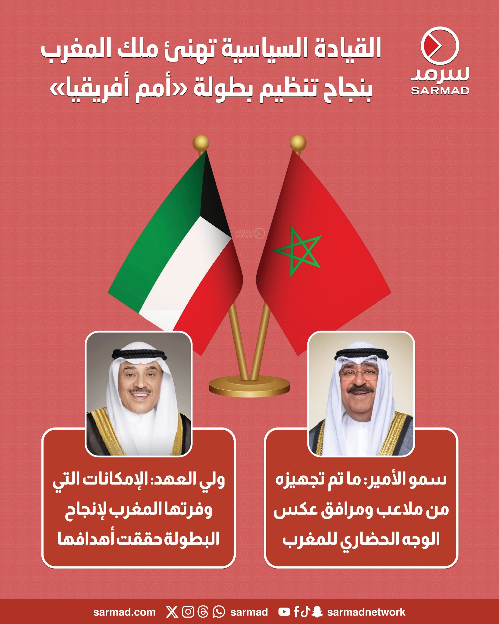 القيادة السياسية تهنئ ملك المغرب بنجاح تنظيم بطولة «أمم أفريقيا». سمو الأمير: ما تم تجهيزه من ملاعب ومرافق عكس الوجه الحضاري للمغرب 