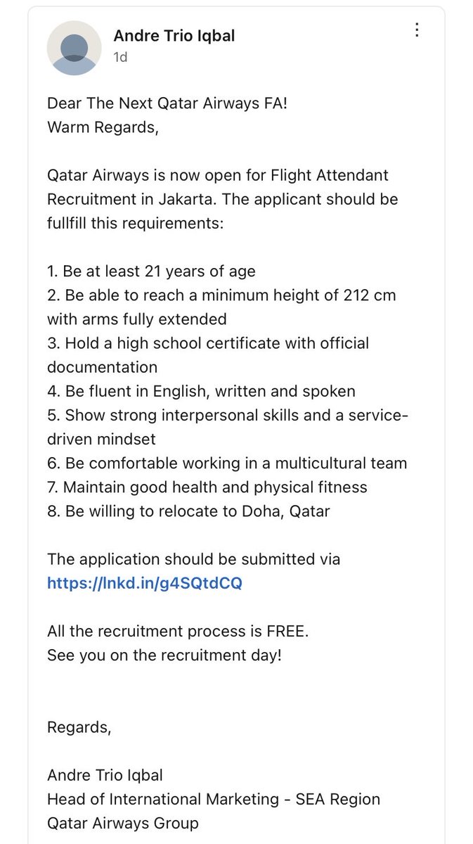 tweethalu's tweet image. @hrdbacot mincot tolong repost, salah satu airline terbaik nih. Qatar Airways lagi opening buat FA. Deadline 29 Jan.

careers.qatarairways.com/global/JobDeta…