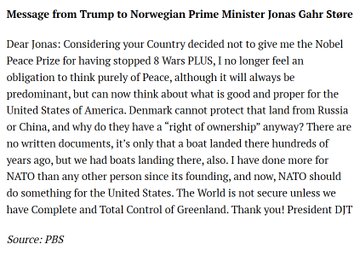 <a href="/spectatorindex/">The Spectator Index</a> NEW: Trump sent message to Norway's prime minister, saying he no longer feels an "obligation to think purely of peace" because he didn't win the Nobel Peace Prize.